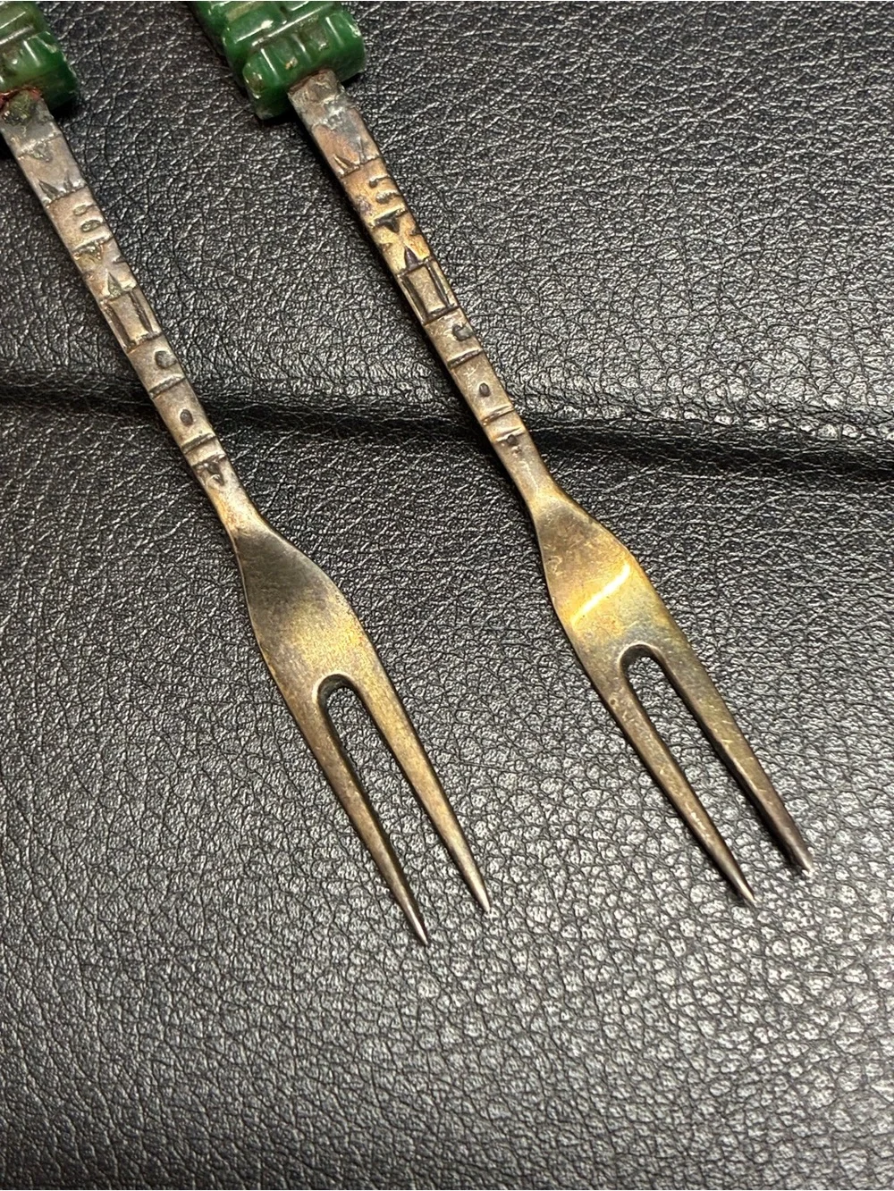 Vintage Mexican Sterling and Jade Cocktail Forks Set of 2